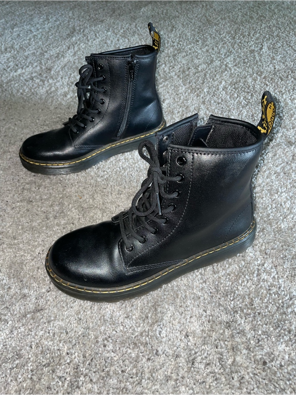 Dr. Martens Black Leather Lace-Up Boots with Yellow Pull Tab